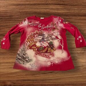 Studio Gem Merry‎ Christmas Santa Sleigh Reindeer Long Sleeve Top Women Large